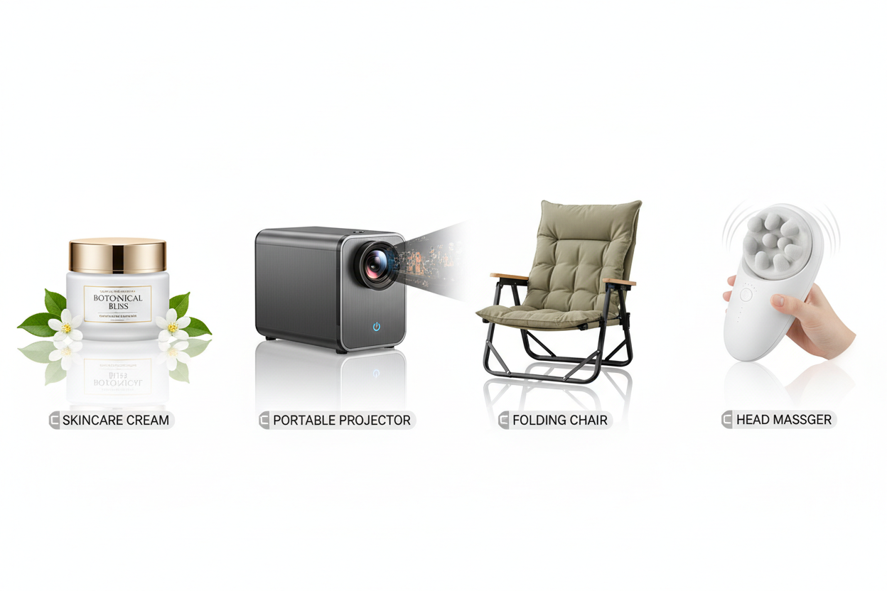 comparison banner for skin care, portable projector, folding chair, head massager