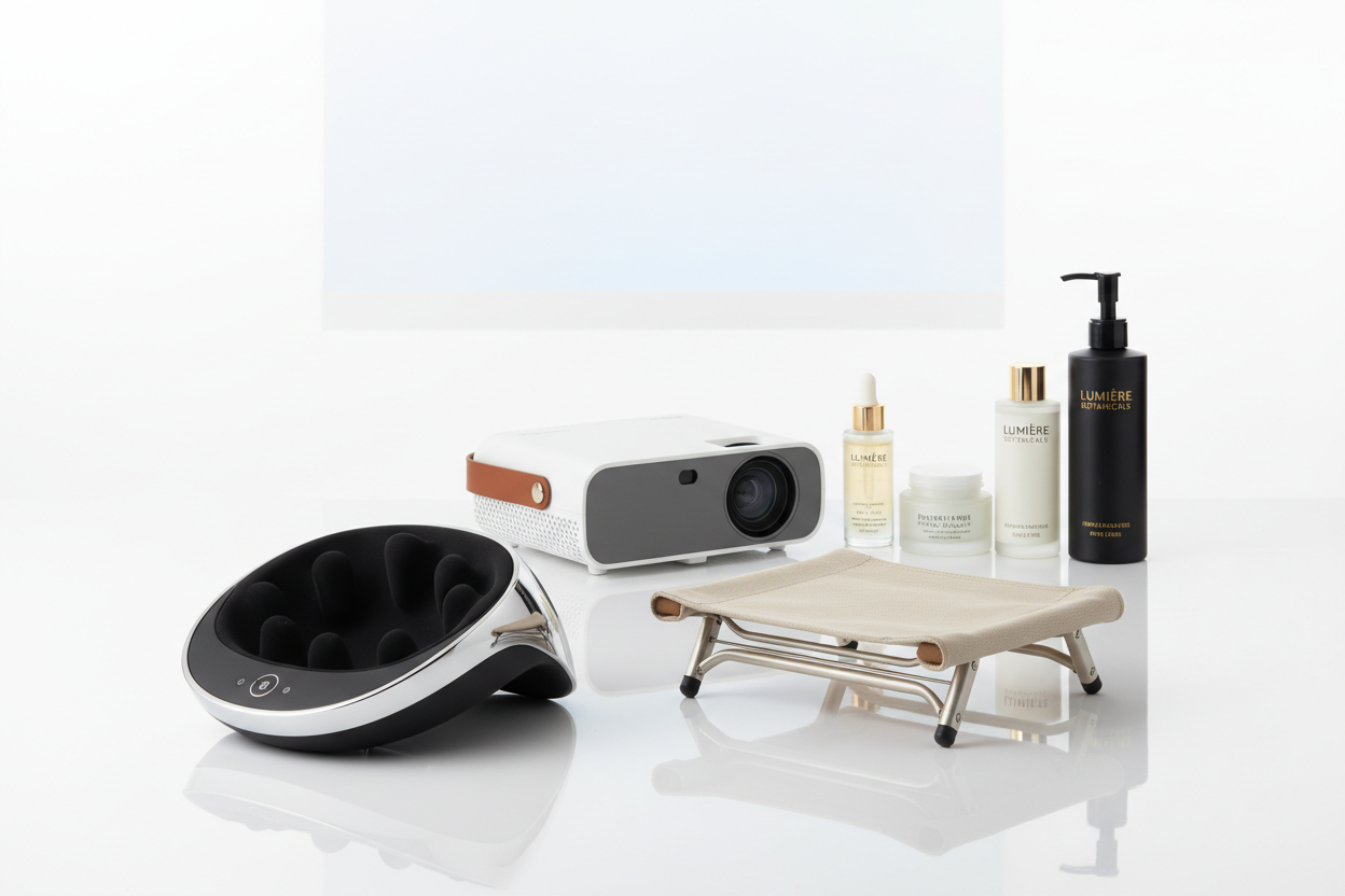 head massager, outdoor folding chair, portable projector, aging skin care